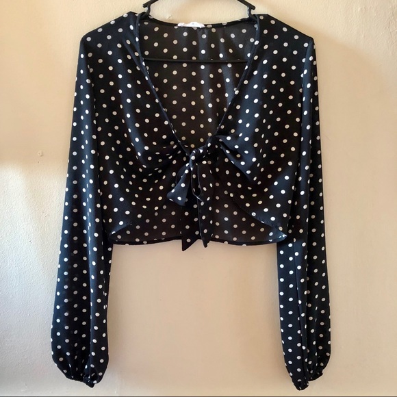 dolls kill black and white polka dot tie front top - Picture 2 of 6